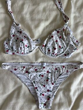Onia White Bikini with Red Floral and Black Polka Dot Print